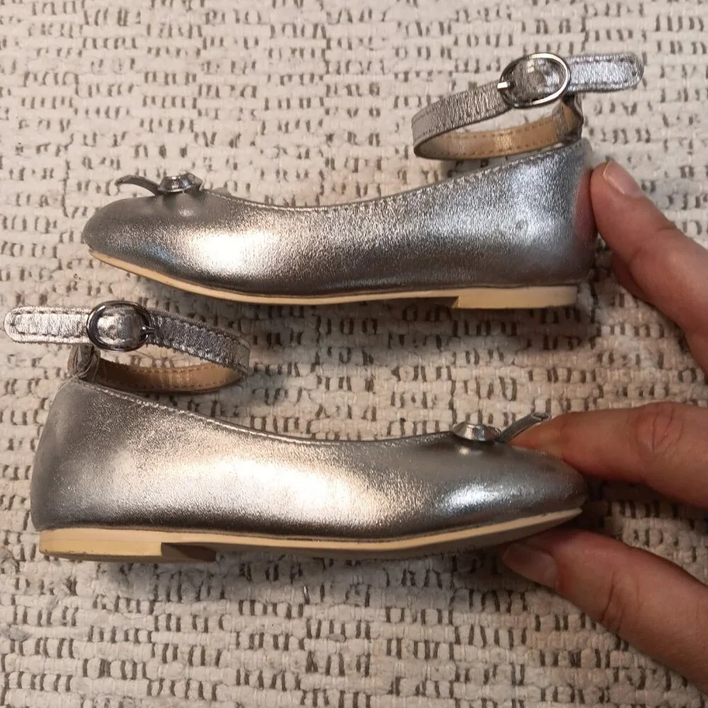 Janie & Jack little girls Metallic Ankle Strap Bow Ballet dress Flats sz 7 -READ
